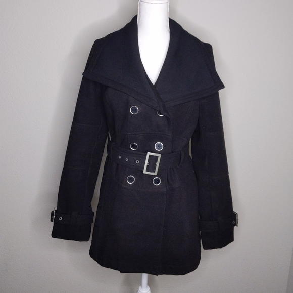 G by Guess Black Peacoat Women’s Large | Oversized Collar Belted Wool Blend Coat - Picture 2 of 10